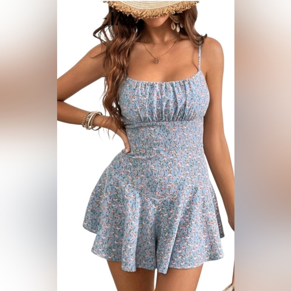 SHEIN Pants - SHEIN Light Blue Floral Romper.